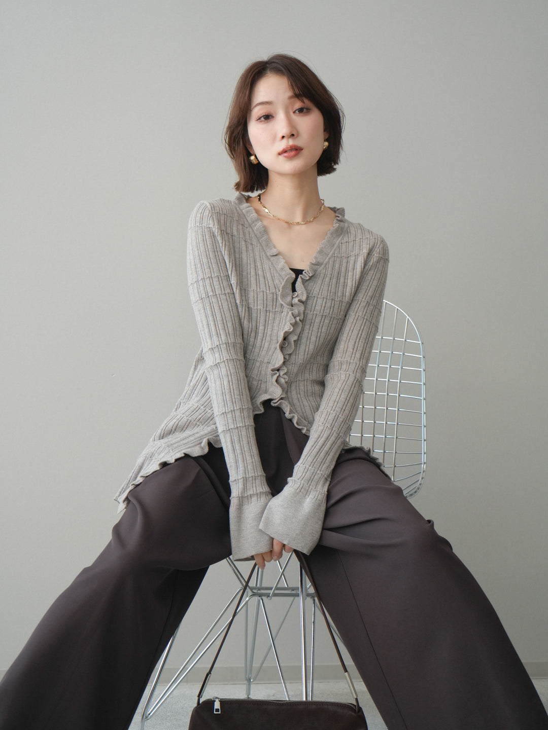 [予約]フロントフリルリブニットカーディガン/greige