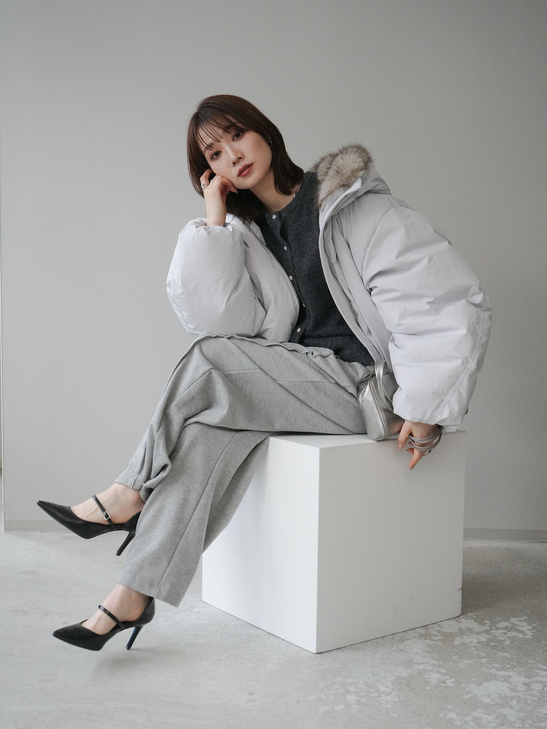 [予約]フードファーショートダウンコート/lightgray