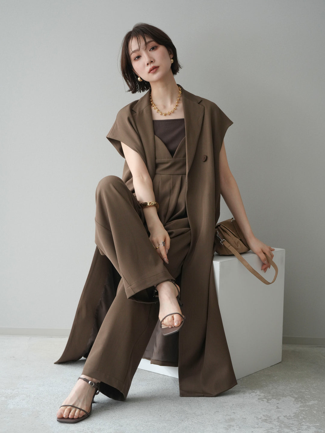 [予約]フレンチスリーブロングジレ/brown