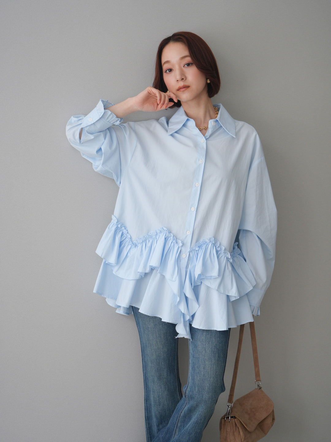 [予約]ラッフルデザインティアードブラウス/blue