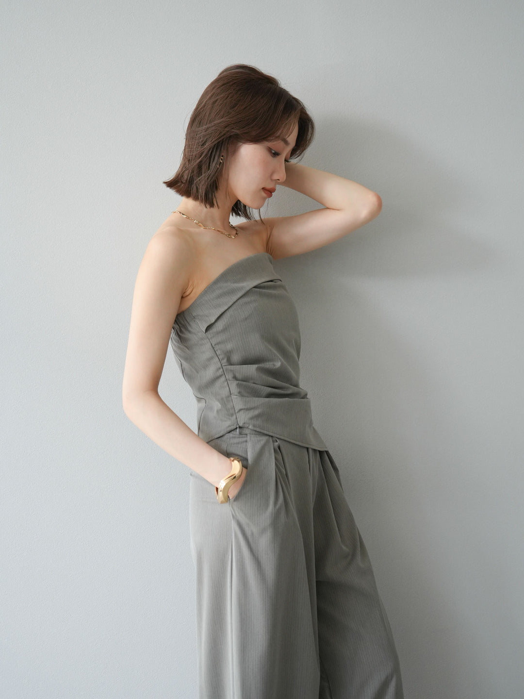 [SET] 條紋褶襉露肩上衣＆寬褲 SET UP (2set)