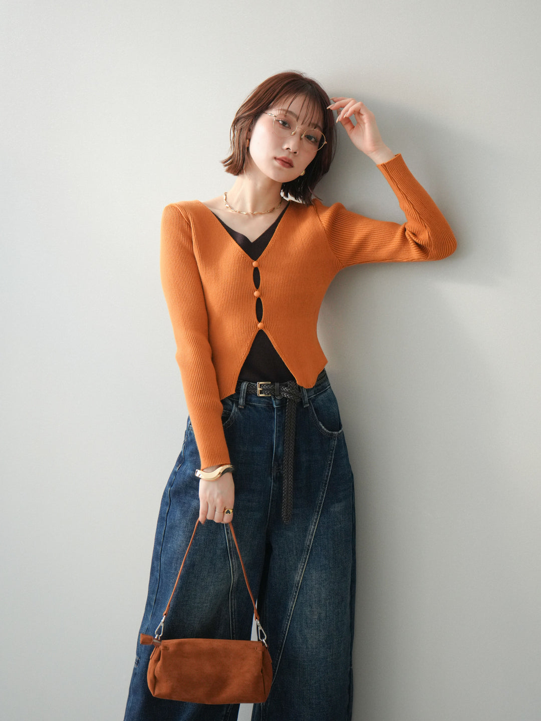 [予約]Vネック配色レイヤードスリットニットトップス/orange