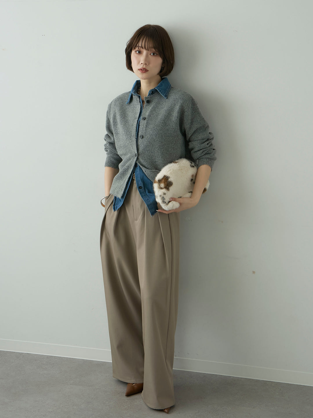 [SET]デニムシャツレイヤードデザインカーディガン+ツイルタックワイドパンツ(2set)