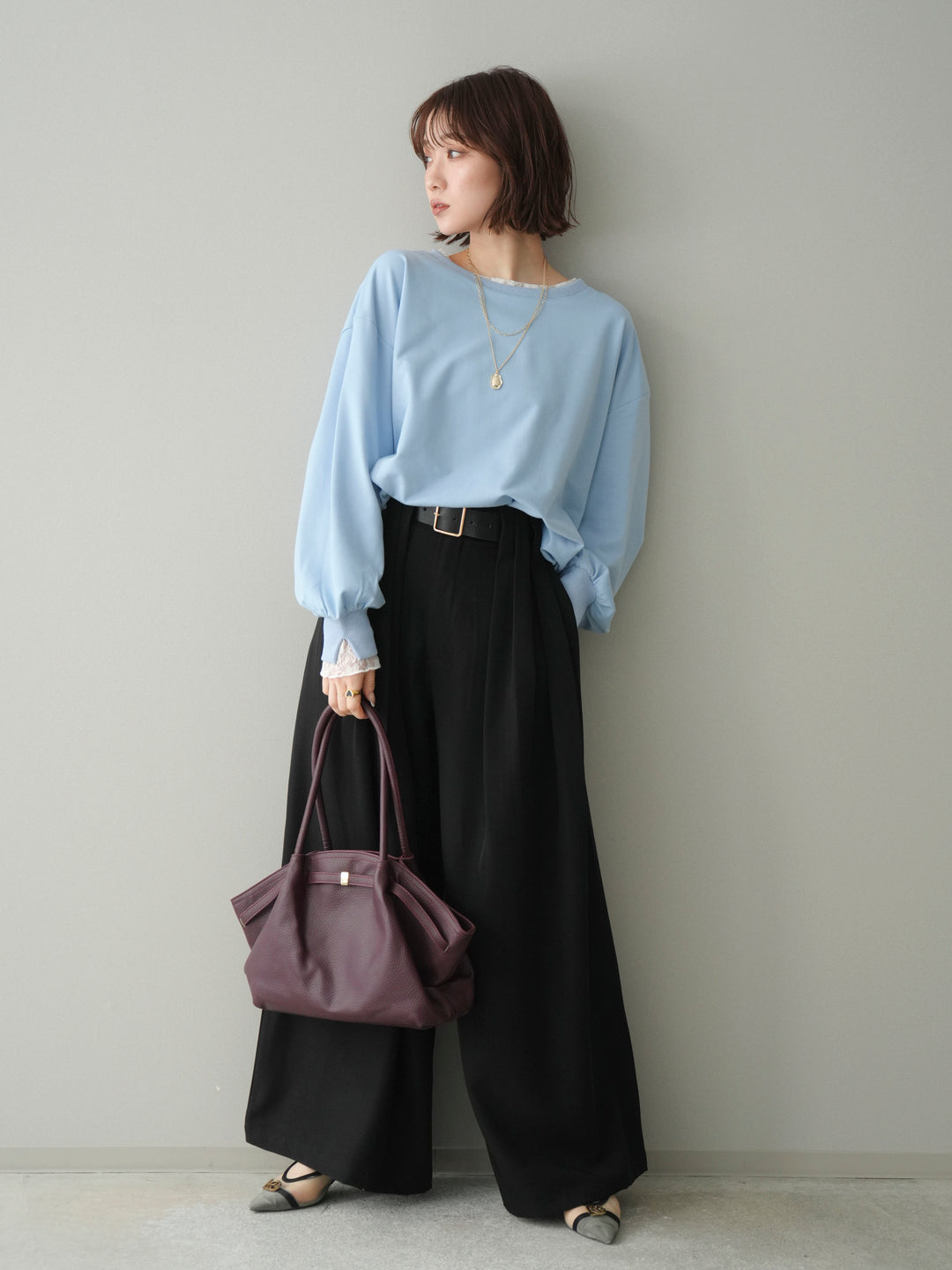 [予約]袖レースカットバルーンプルオーバー/sax