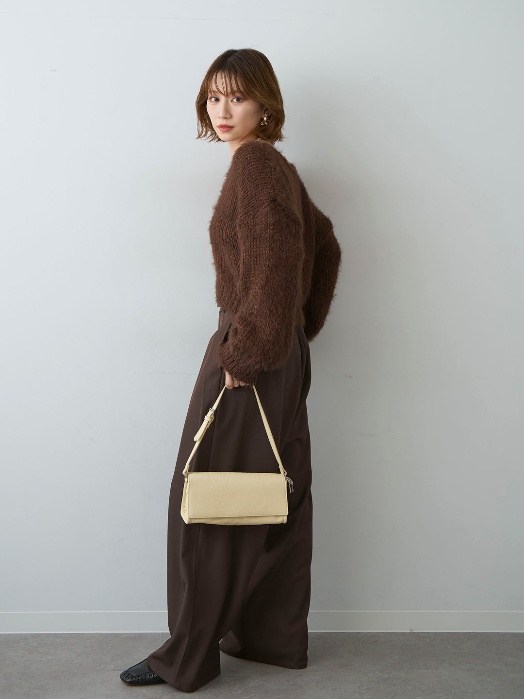 [SET]Vネックシャギークロップニットトップス+ツイルタックワイドパンツ(2set)