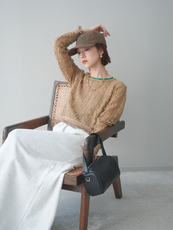 [予約]扇透かし編みクロップドニットプルオーバー/beige