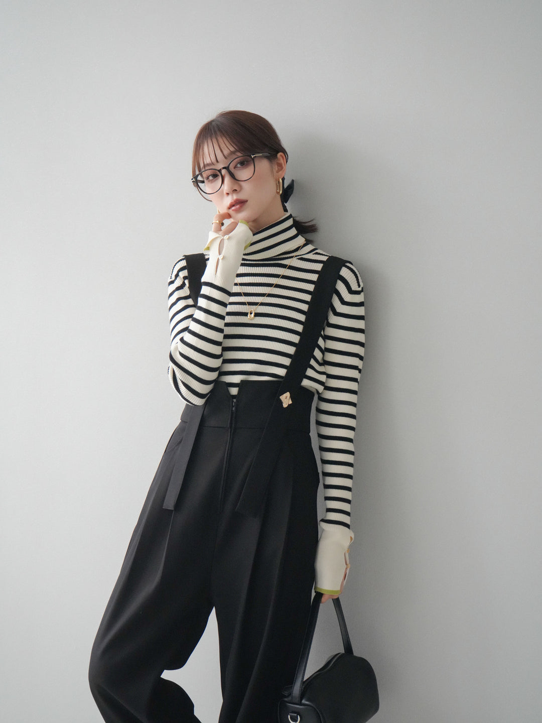 [予約]袖配色ハイネックボーダーリブニットトップス/ivorybordergreen