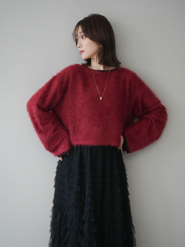 [予約]バイカラー2WAYシャギーニットカーディガン/red