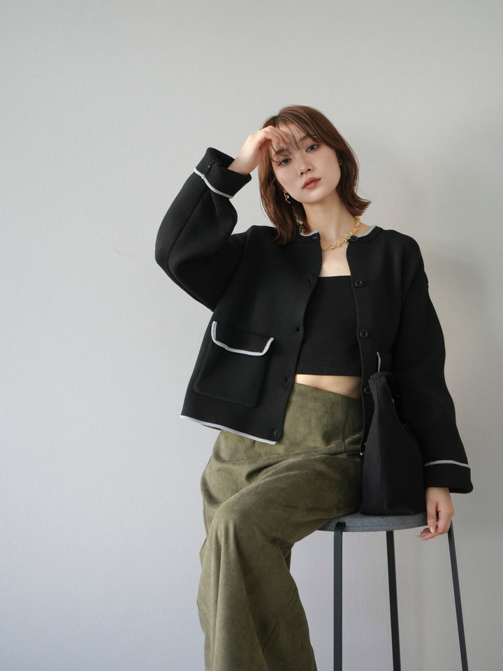 [予約]ポリエステル配色クルーネックカーディガン/ブラック