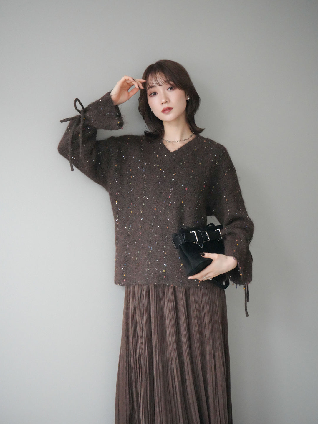 [予約]キャンディースリーブカラーネップスパンコールニットプルオーバー/brown