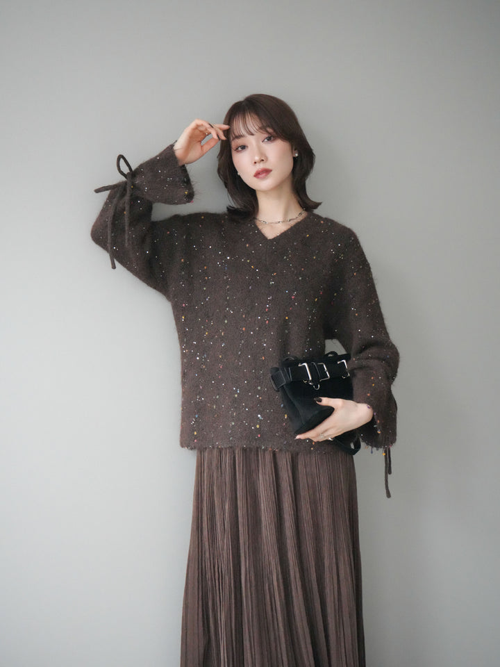 [予約]キャンディースリーブカラーネップスパンコールニットプルオーバー/brown