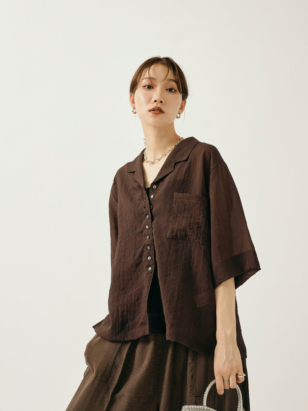 【Allure】[SET]シャイニースラブシアー開襟ハーフシャツ+シャイニースラブシアー開襟ハーフシャツ(2set)