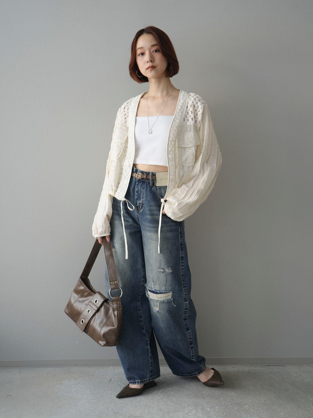 [SET]パッチワークシアーフリルブルゾン+ダメージデニムセミワイドパンツ(2set)