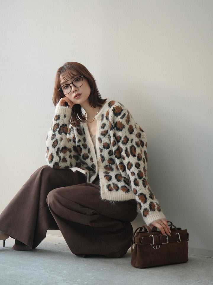 [SET]モヘアタッチレオパード柄ニットカーディガン+モチーフベルト付スエードタックワイドパンツ(2set)
