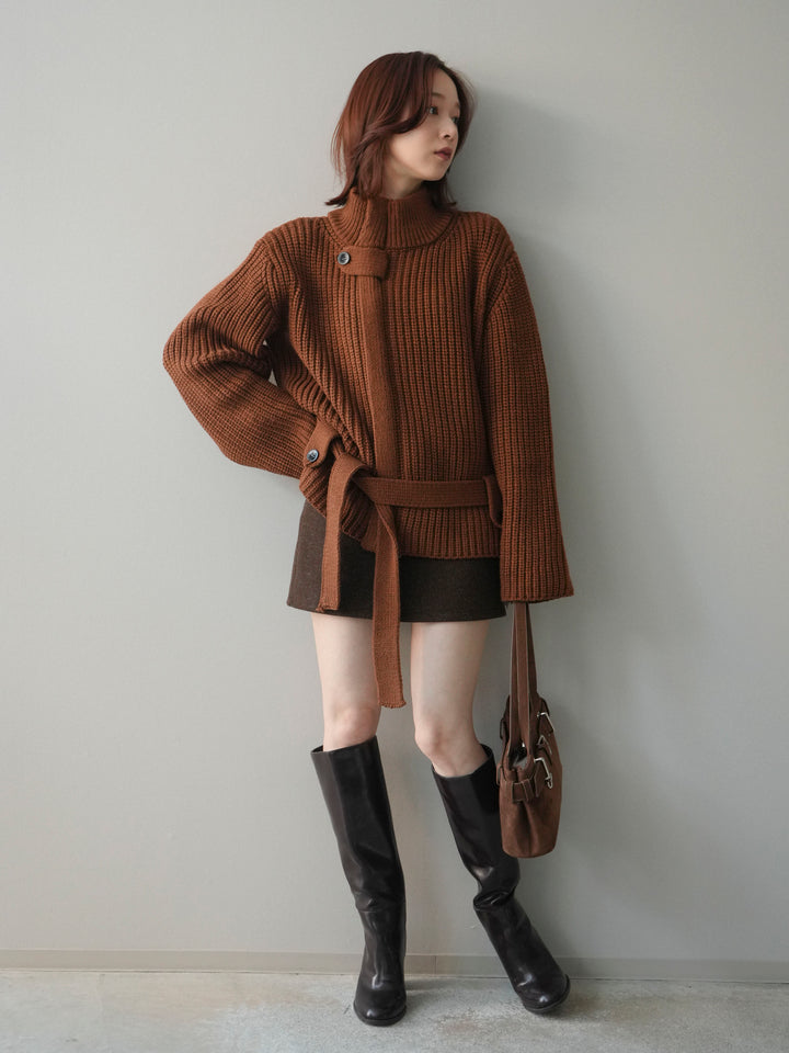 [予約]畦編みボトルネックZIPニットカーディガン/brown