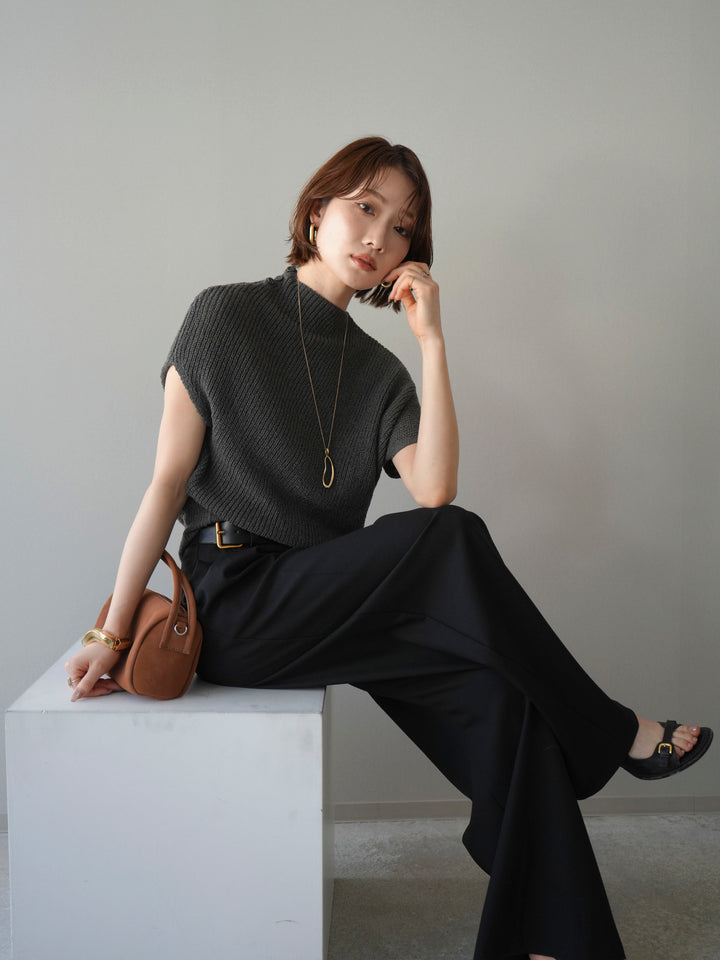 [SET]アシンメトリーローゲージニットトップス+アシンメトリーベルトタックワイドパンツ(2set)