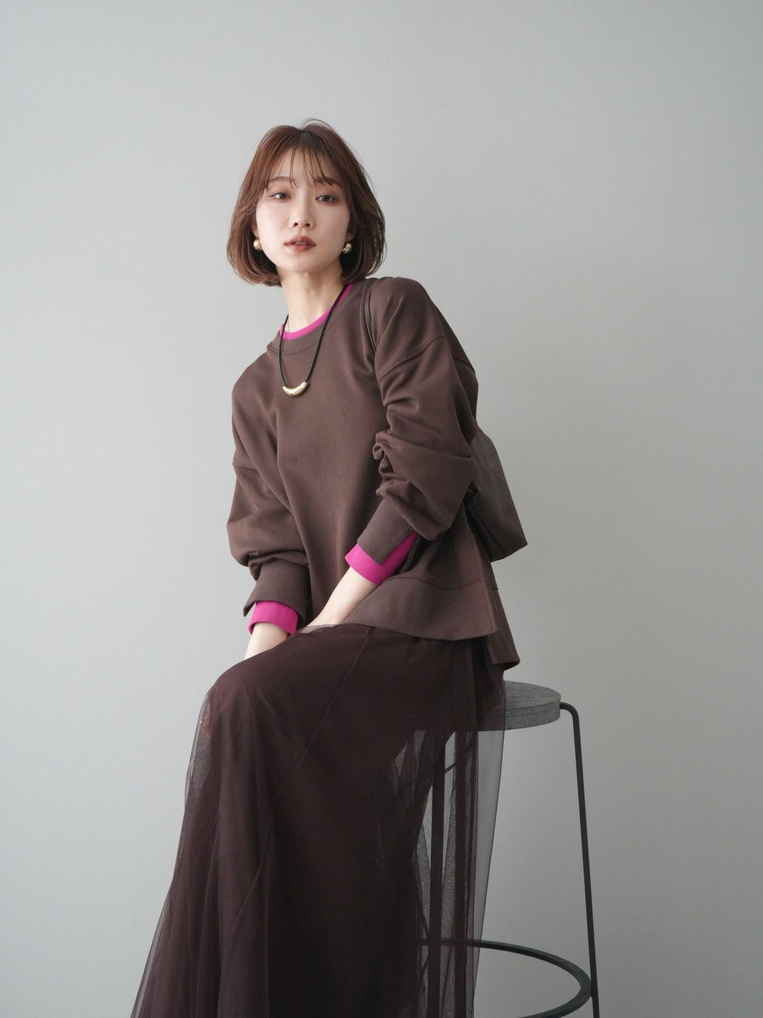 [SET]配色レイヤードデザインスエットプルオーバー+チュールボリュームスカート(2set)