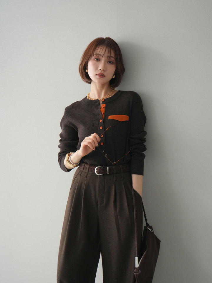 【預購】雙色拼接口袋亨利領針織衫/棕色