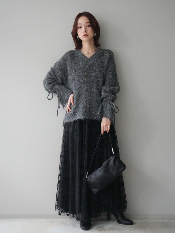 [SET]キャンディースリーブカラーネップスパンコールニットプルオーバー+フラワーフロッキーチュールプリーツスカート(2set)