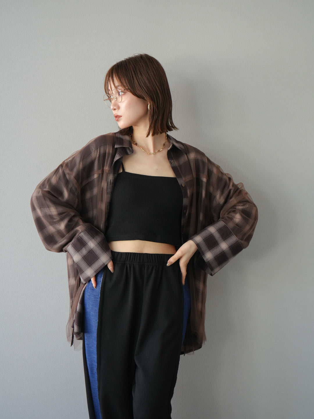 [套裝] 薄紗對接格紋寬鬆襯衫 + 牛仔布 Switch 2-Way 設計運動褲 (2 套)
