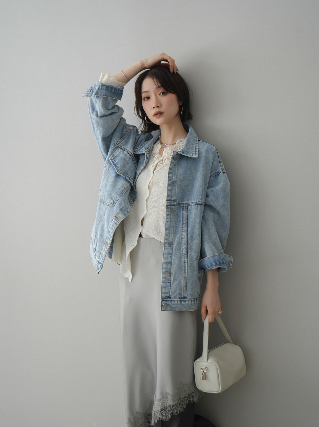 [SET]デザインBIGポケットオーバーデニムジャケット+レースネックジャガードニットカーディガン(2set)