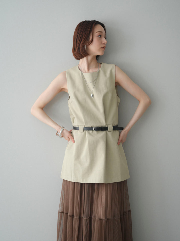 [SET]ベルト付リネンライクノースリチュニック+ラメプリーツレイヤードチュールロングスカート(2set)