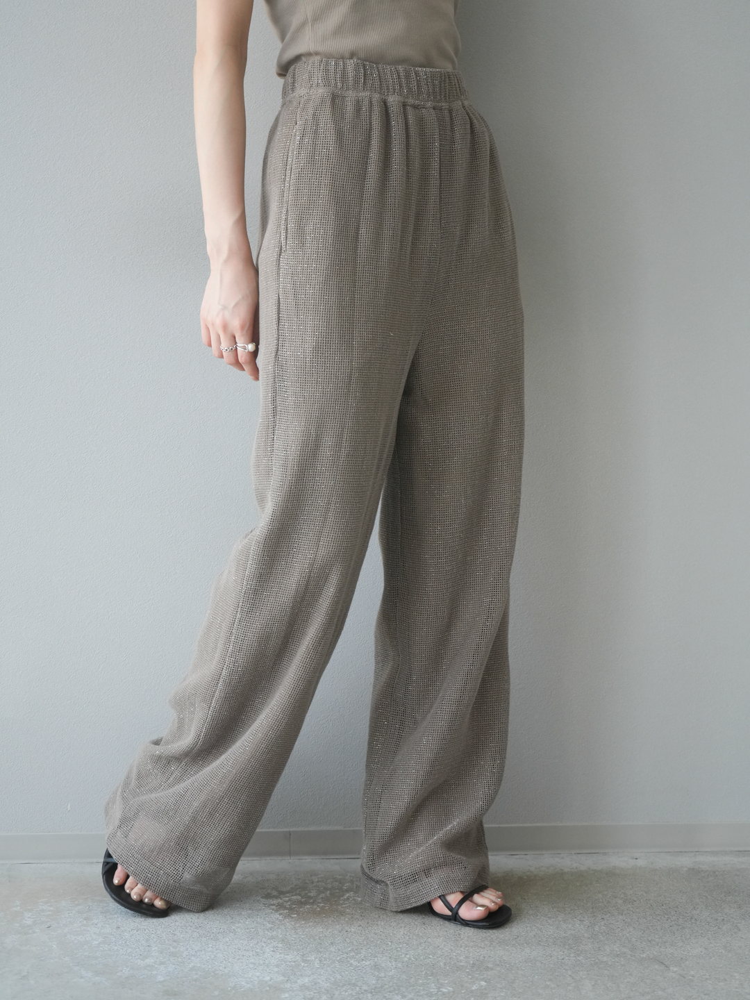 [預購] 棉金銀絲網眼休閒褲/米色