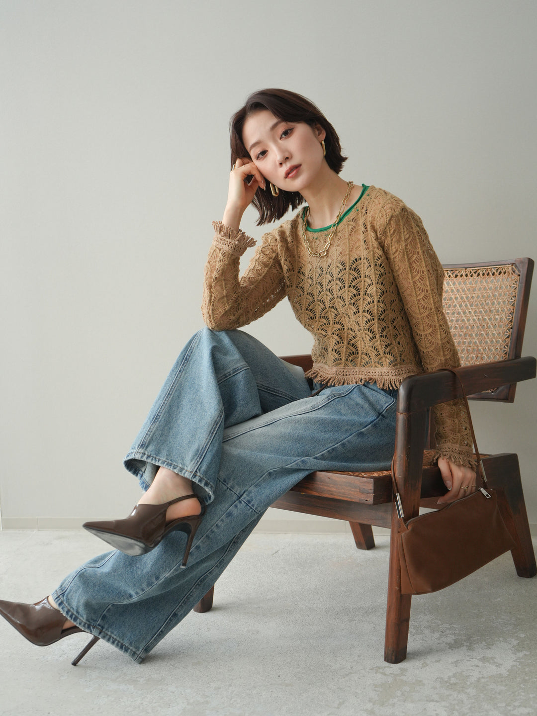 [予約]扇透かし編みクロップドニットプルオーバー/beige