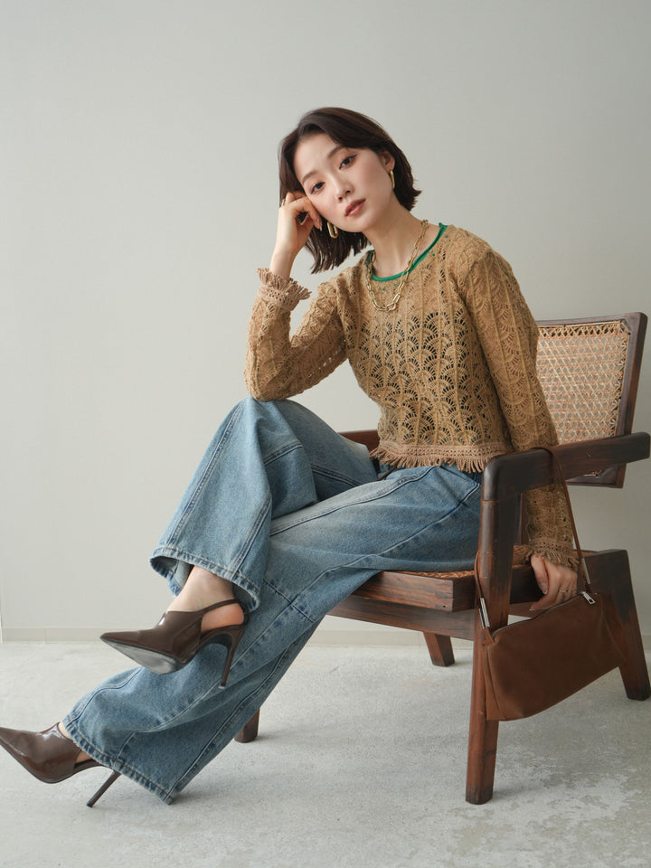 [予約]扇透かし編みクロップドニットプルオーバー/beige