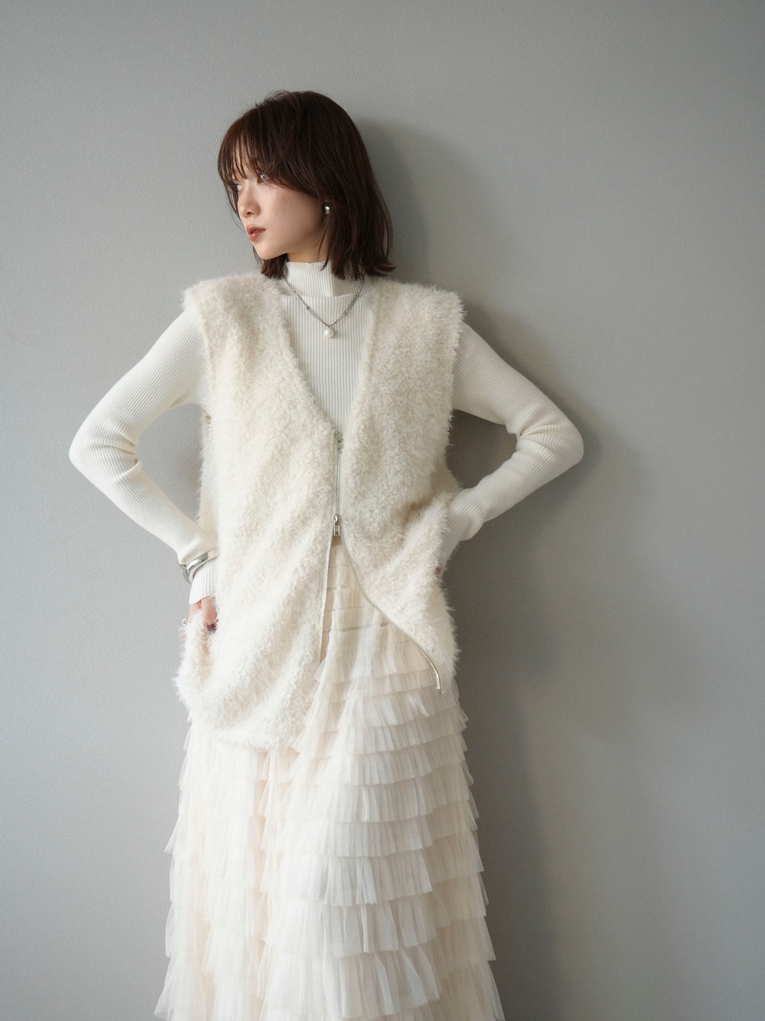 [予約]ダブルZIPループシャギーベスト/アイボリー