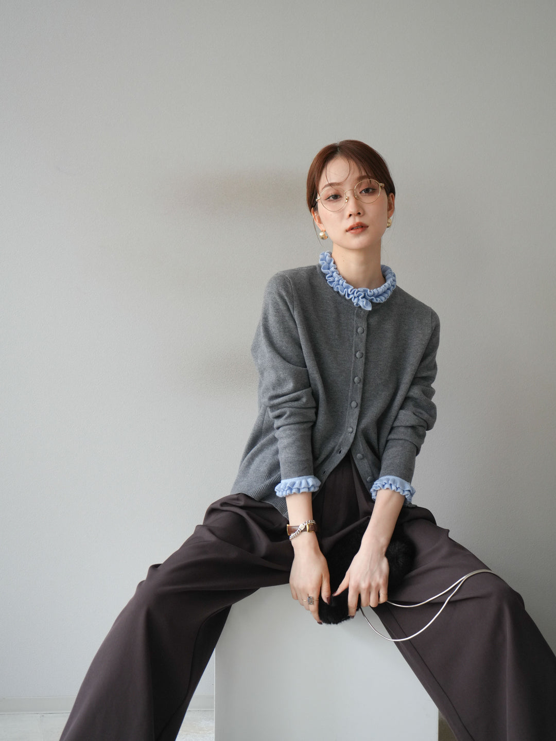 [予約]フリルデザインコンパクトニットカーディガン/グレー