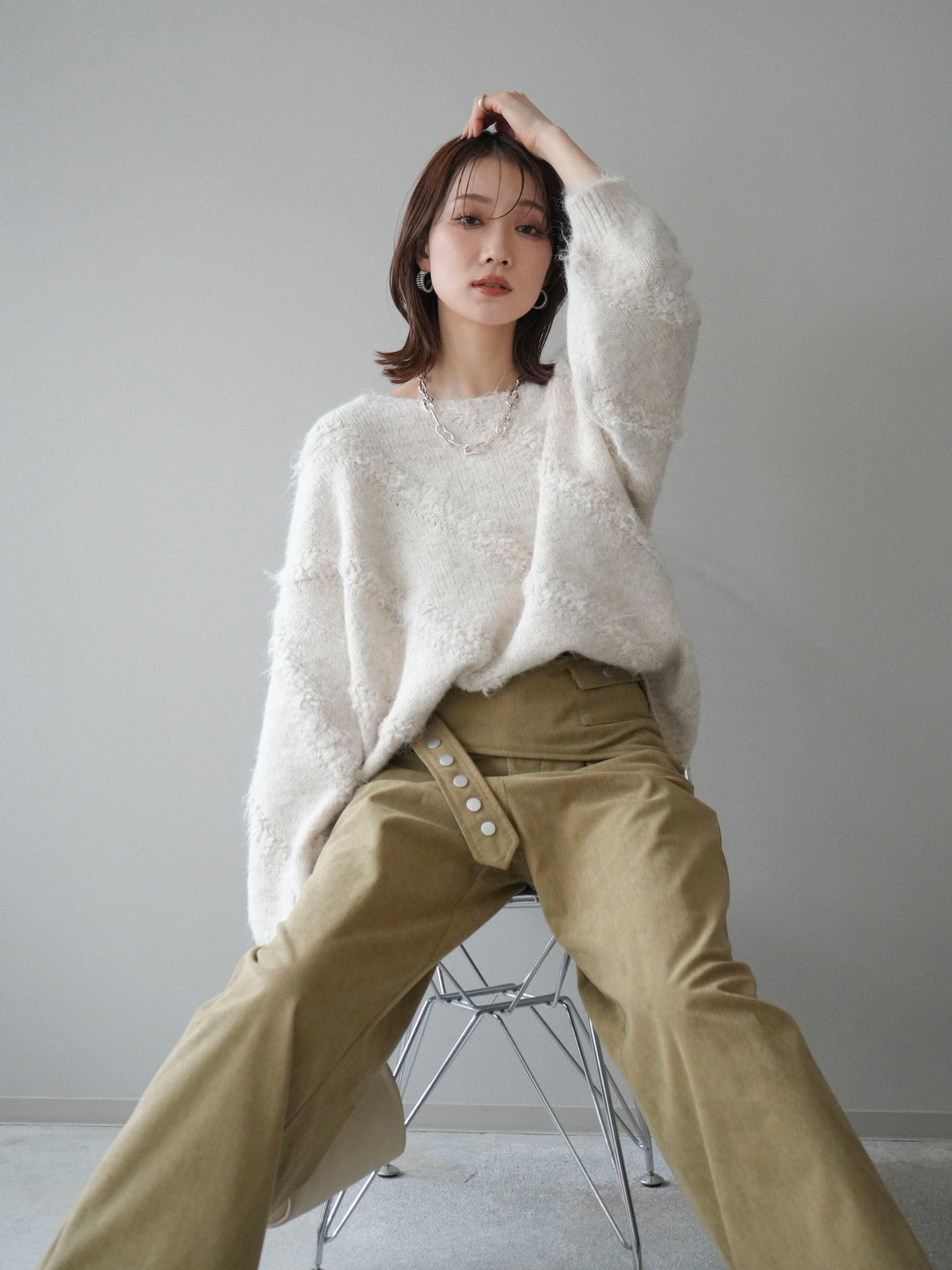 [予約]ブークレラインデザインニットプルオーバー/ivory