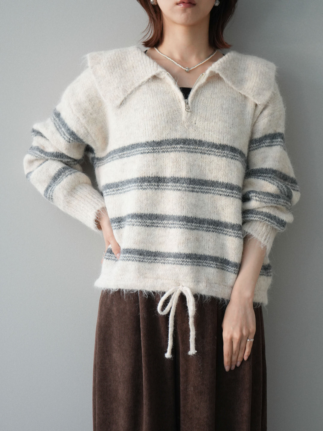 [予約]ハーフジップボーダーニットプルオーバー/ivory
