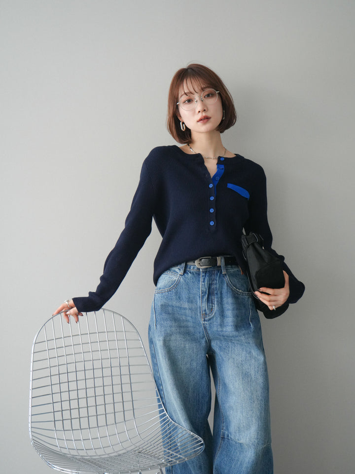 [予約]バイカラーデザインポケット配色ヘンリーネックニットソー/navy