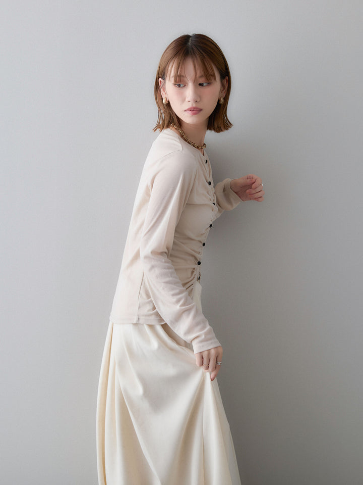 【套裝】透視羅紋針織褶皺開衫+內置胸罩羅紋抹胸吊帶衫+不對稱腰帶設計燈籠裙（三件套）