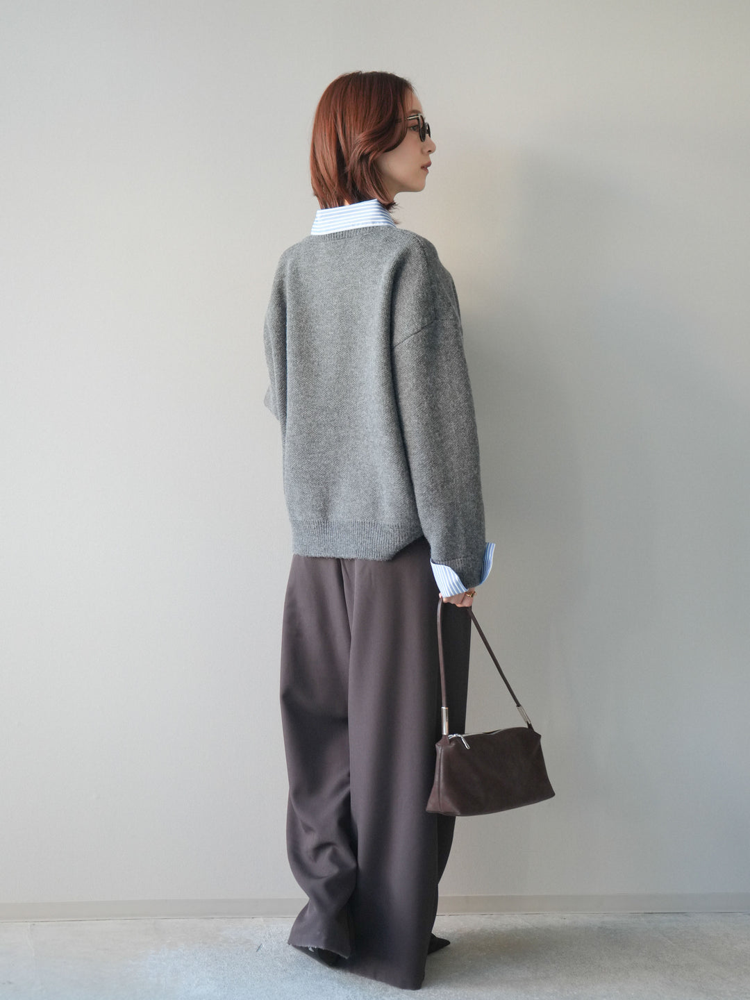 [SET]2WAYストライプ襟ニットプルオーバー+ベルトループデザインワイドパンツ(2set)