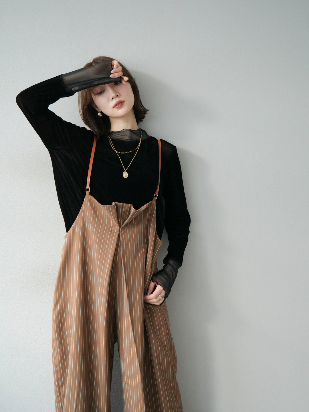 【着回しセット】[SET]ヘリンボーンストライプジレ+シアー切替ベロアトップス+ヘリンボーンストライプサロペット(3set)