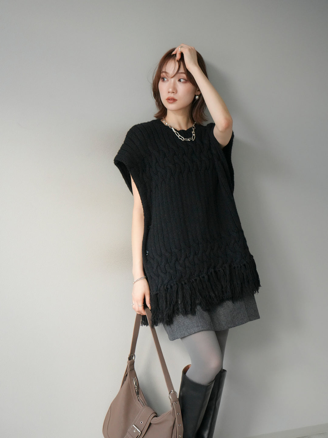 [予約]ケーブルニットフリンジベスト/ブラック