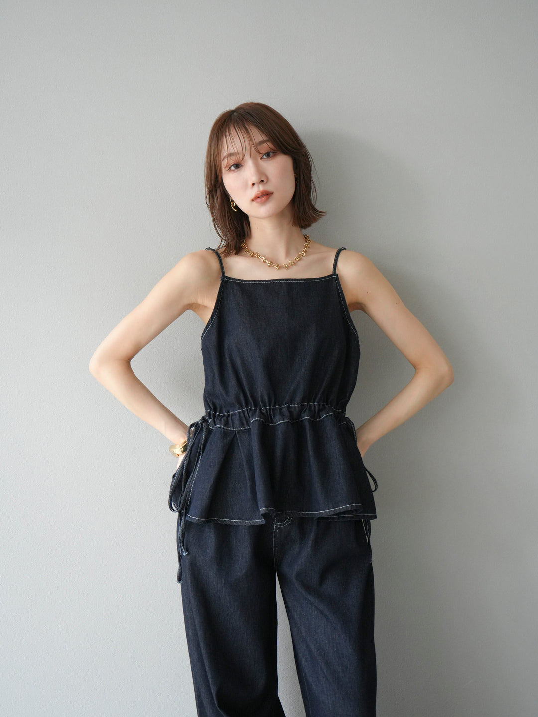 [SET]デニムタックフレアキャミソール＆イージーワイドパンツSET UP(2set)