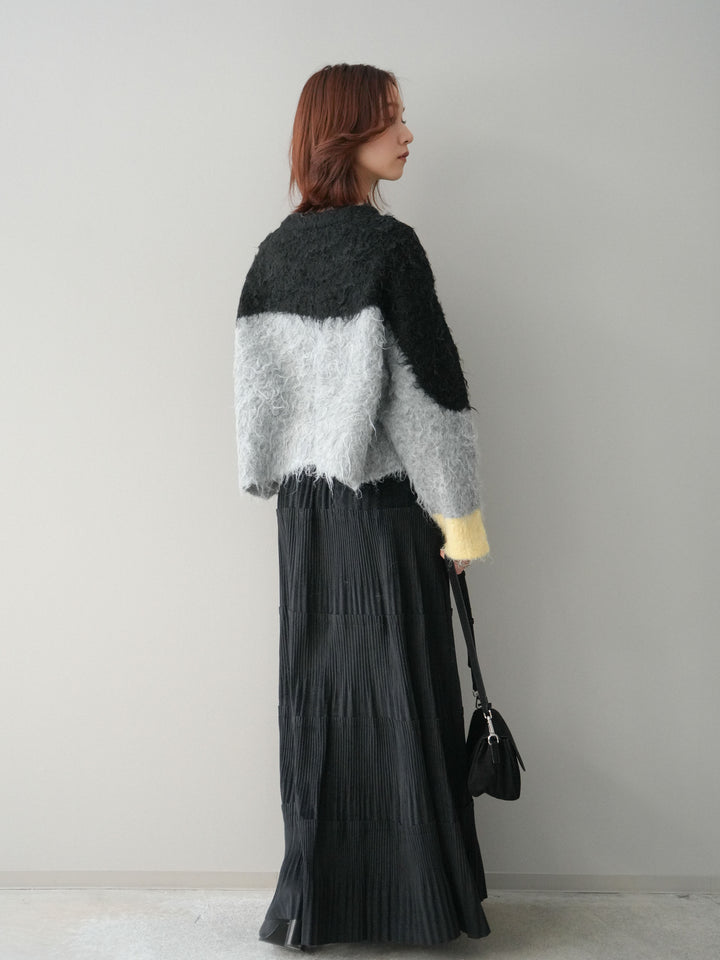 [SET]バイカラーモヘアタッチニットプルオーバー+型押しスエードティアードプリーツスカート(2set)