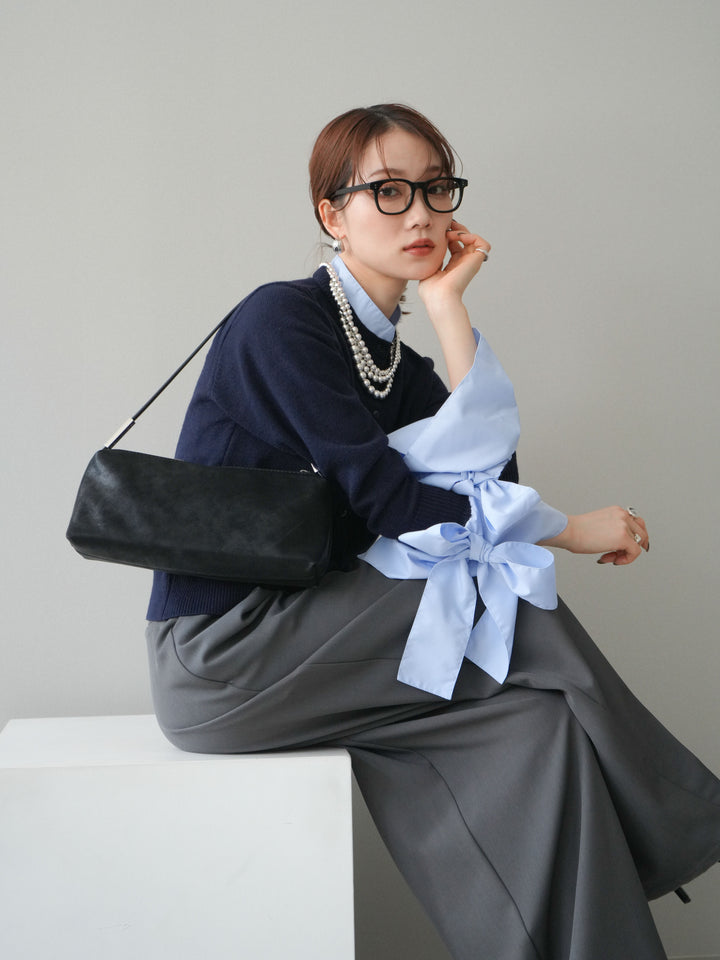 [予約]ウールライクリボンシャツカーディガン/navy