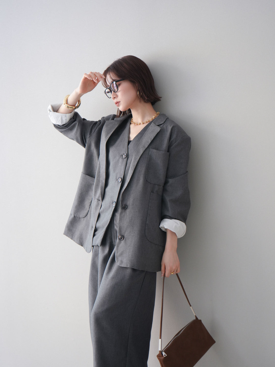 [SET]リネンライクテーラードジャケット+リネンライクバックオープンジレ+リネンライクタックワイドパンツ(3set)