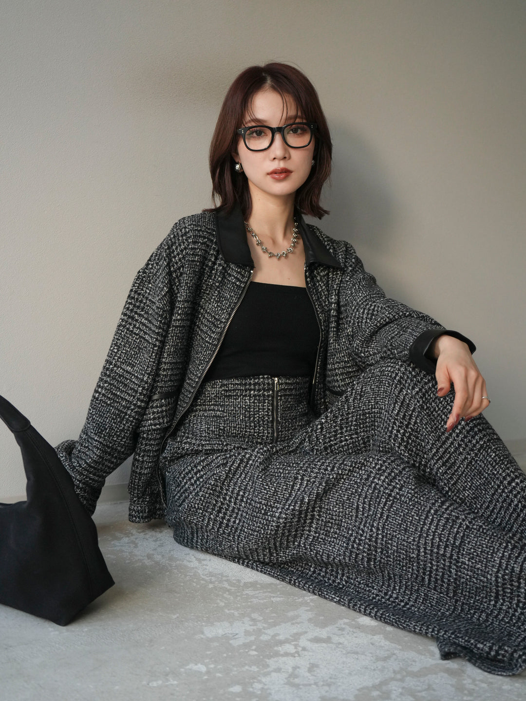 [予約]レザー襟ミックスツイードジャケット/black