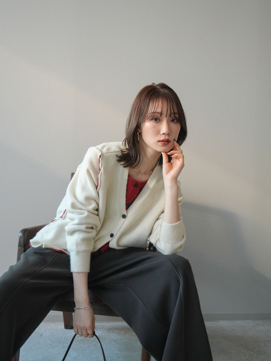 [予約]配色レイヤードニットカーディガン/ apricot