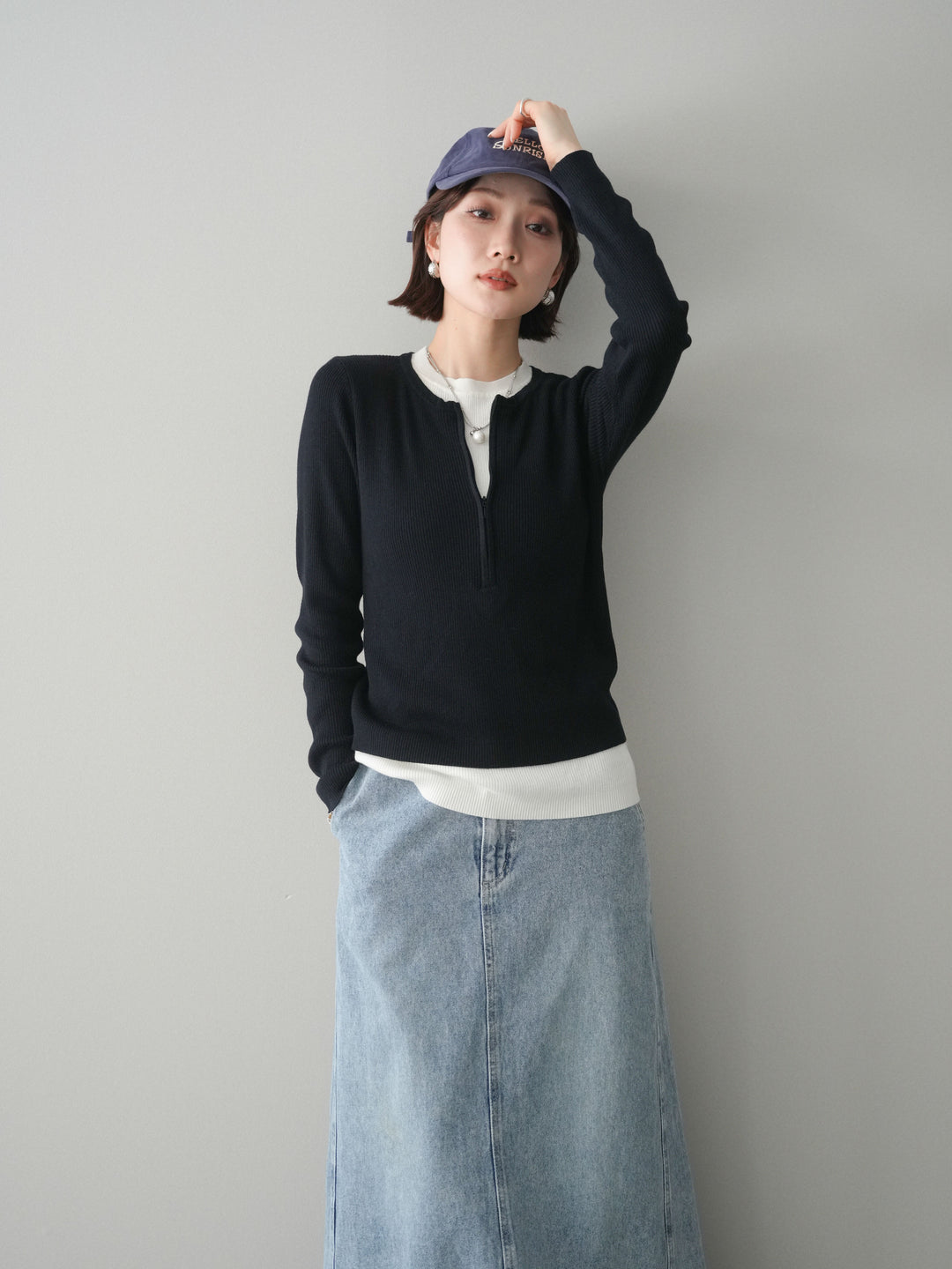 [予約]フロントジップ配色レイヤードニットトップス/navy