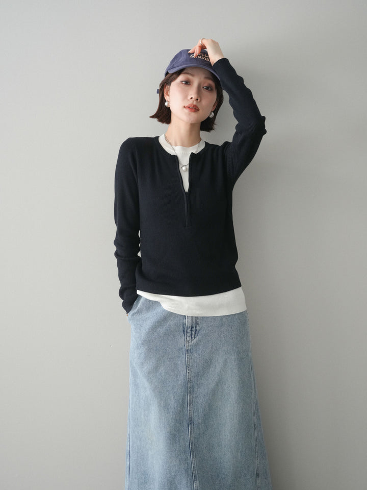 [予約]フロントジップ配色レイヤードニットトップス/navy