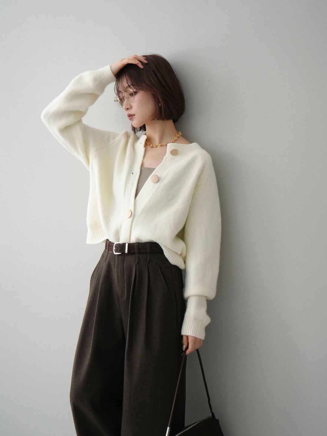 [SET]BIGボタンニットカーディガン+アニマル柄ベルト付きウールタッチワイドパンツ(2set)