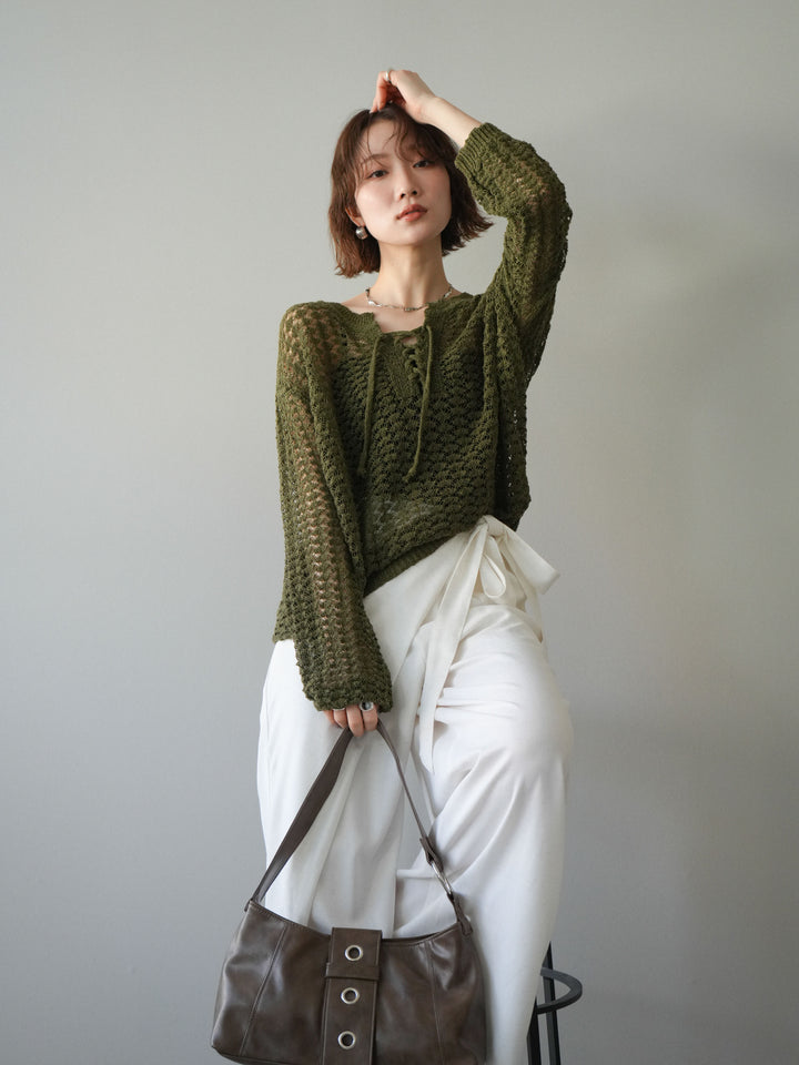 [予約]パネルメッシュニットトップス/khaki