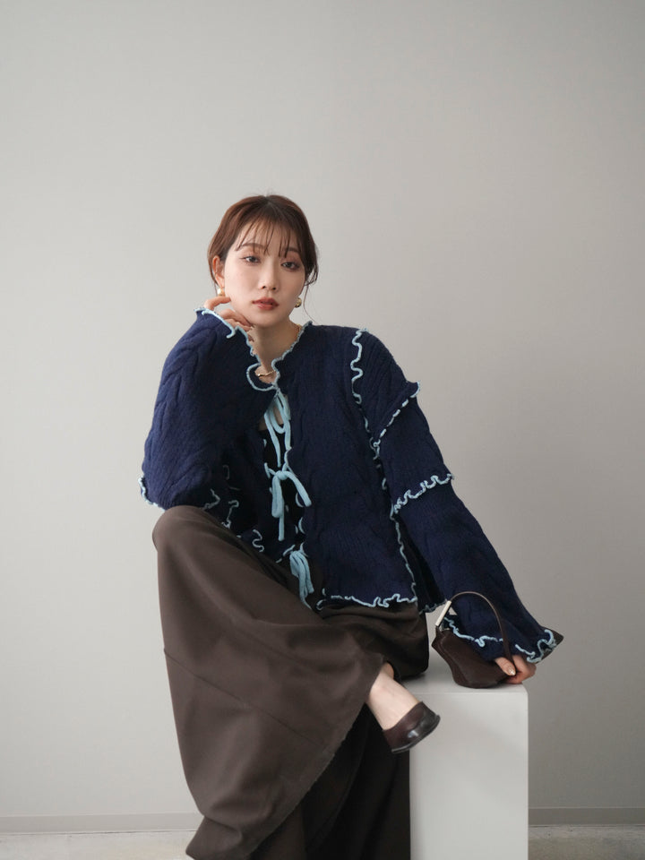 [予約]フロントリボン配色メローニットカーディガン/navy