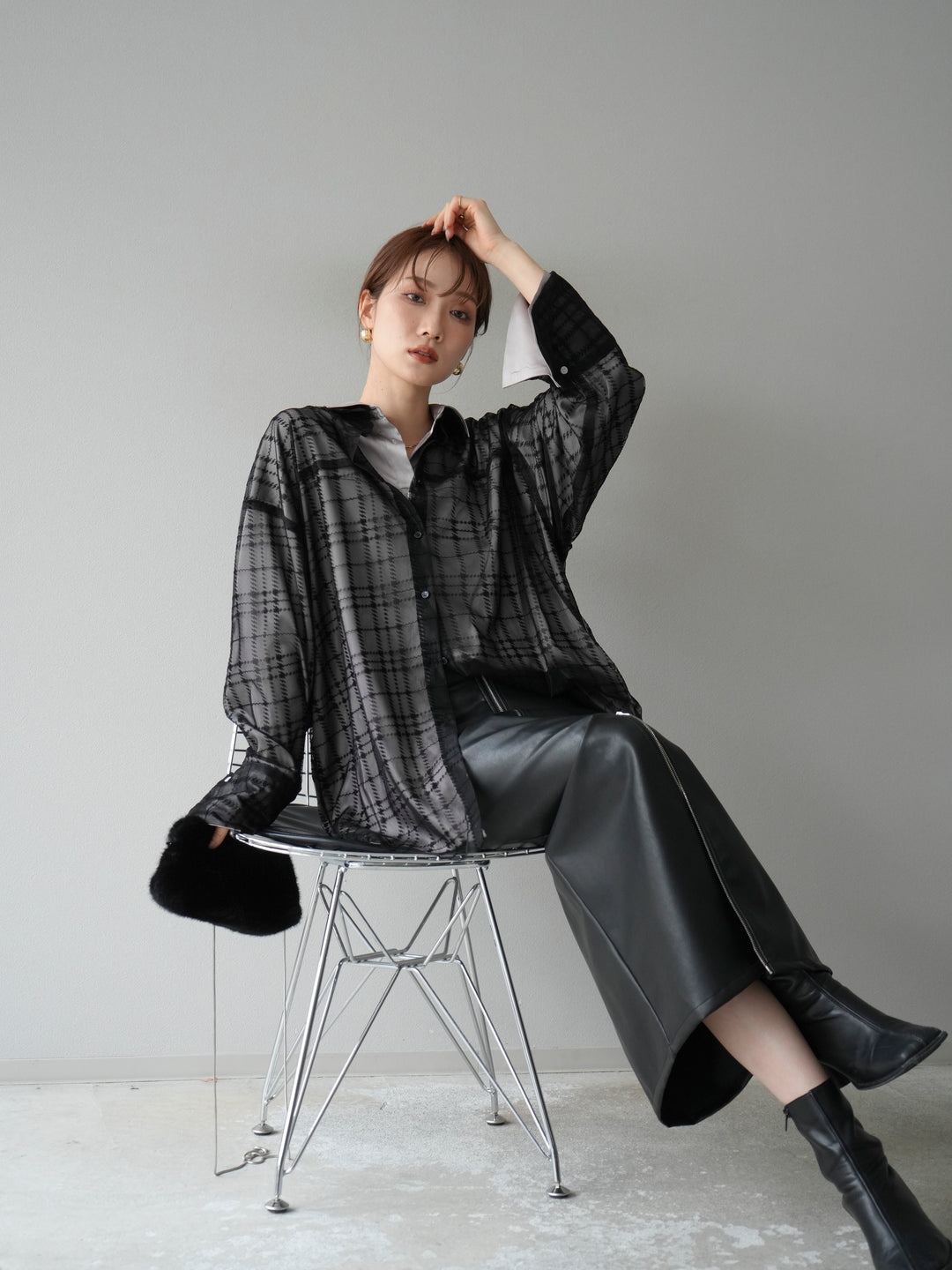 [予約]チェック柄チュールシャツアンサンブル/ブラック